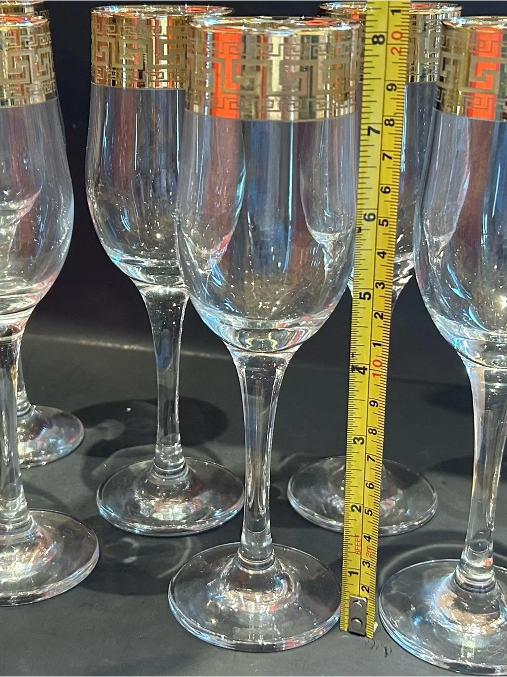 6 Gold Rimmed Greek Key Champagne Flutes Glasses